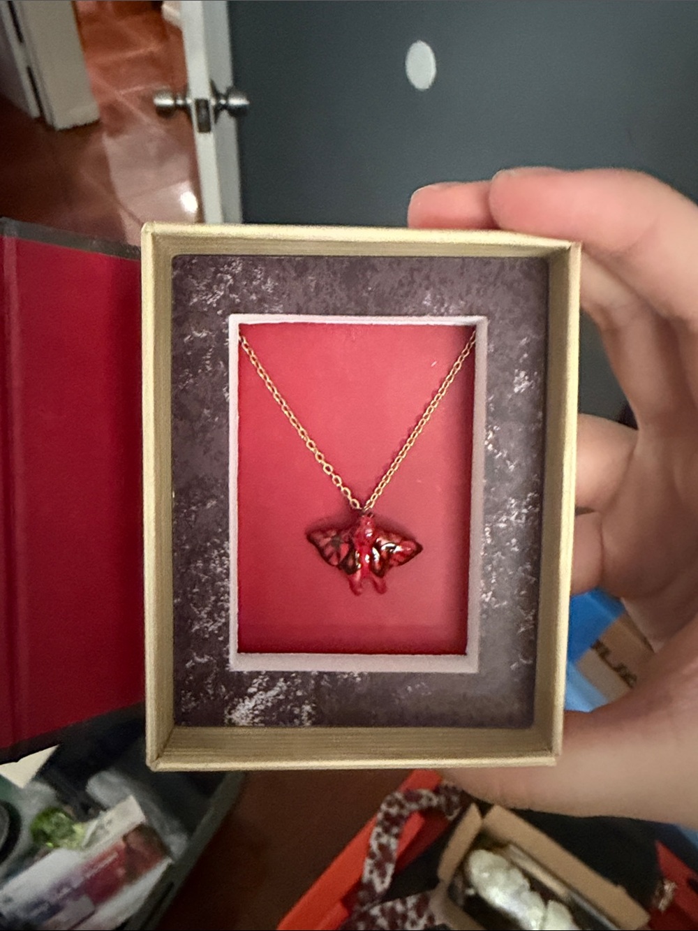Gold Chain Necklace with Red Enamel Butterfly Pendant